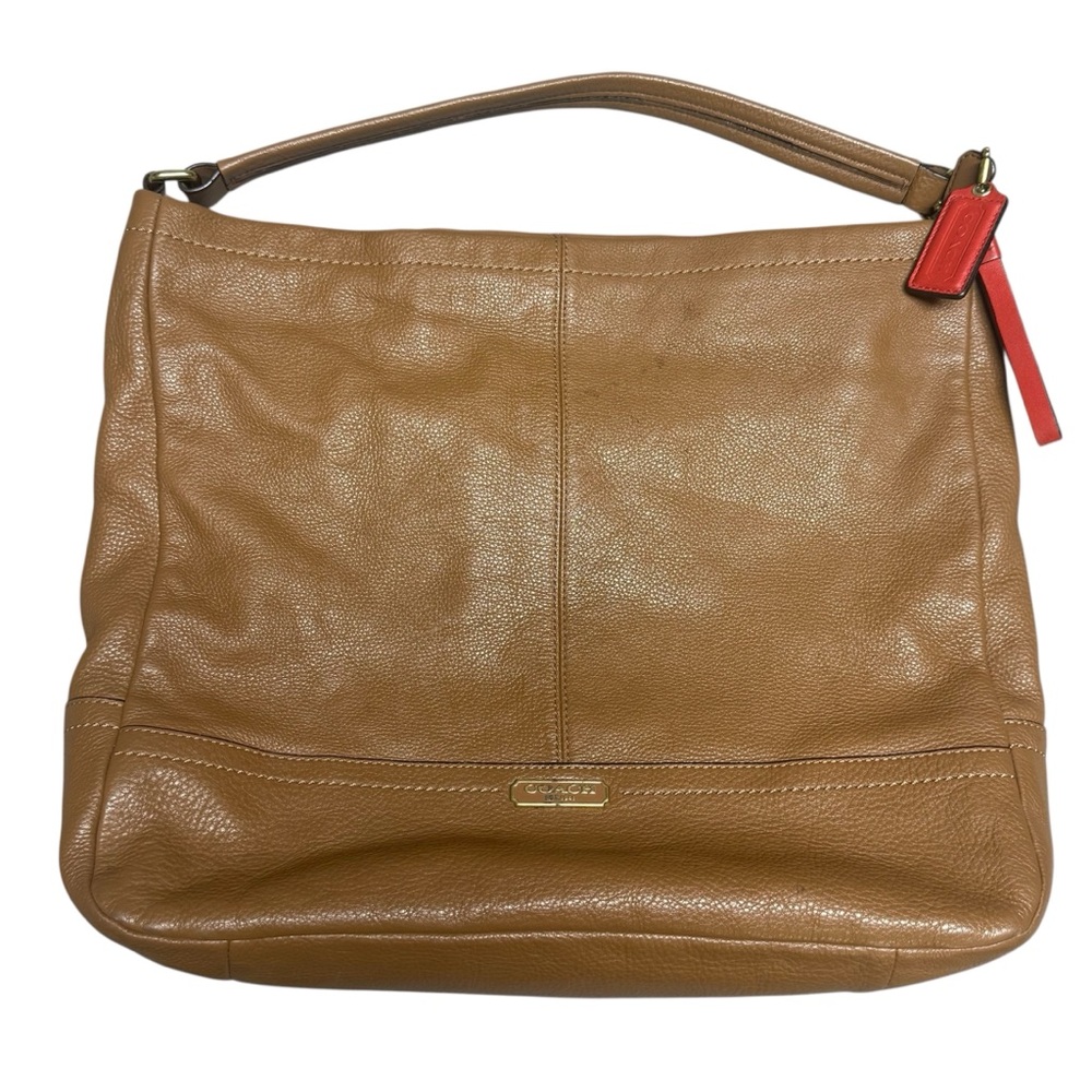 Coach Tan Leather Shoulder Bag with Red Accent Tag
